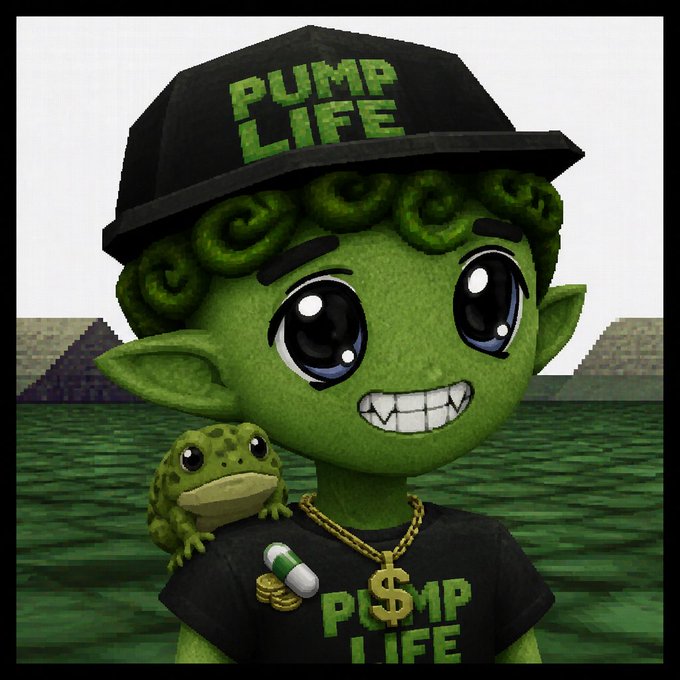 A pixel-art style illustration of a green-skinned character with large glossy eyes and curly hair, wearing a black 'PUMP LIFE' cap and a black '$ PUMP LIFE' t-shirt with a gold chain and pill capsule necklace, with a green frog resting on their shoulder.