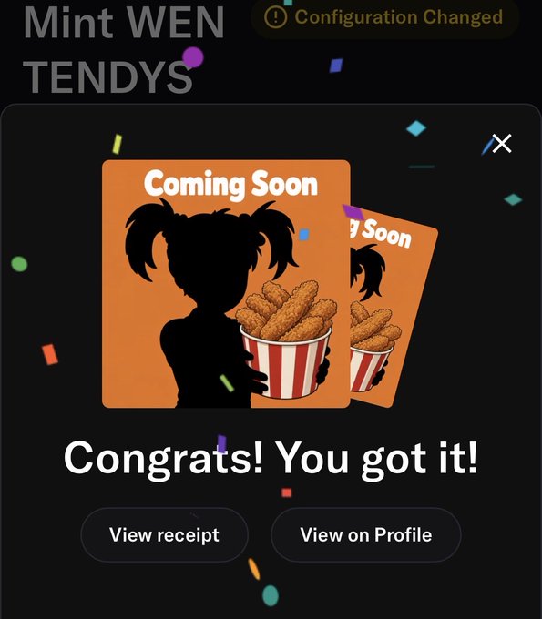 A screenshot of a 'Mint WEN TENDYS' screen showing a 'Congrats! You got it!' message with a 'Coming Soon' image of a silhouette holding chicken tenders.