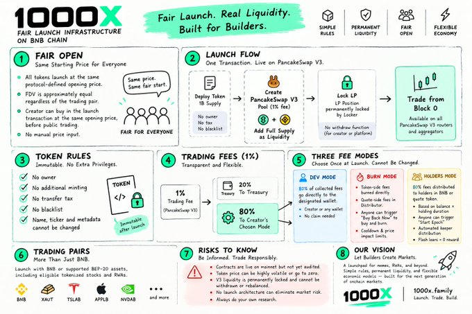 Infographic for '1000X FAIR LAUNCH INFRASTRUCTURE ON BNB CHAIN' detailing 8 sections: Fair Open, Launch Flow, Token Rules, Trading Fees, Three Fee Modes, Trading Pairs (BNB, XAUT, TSLAB, APPLB, NVDAB), Risks to Know, and Vision, by 1000X family Launch.Trade.Build.