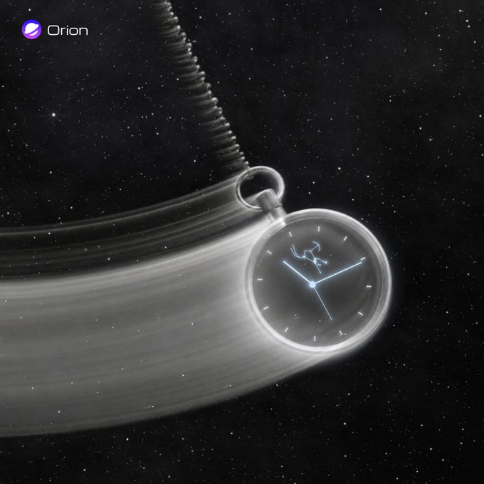 urn of a clock with a blue face and white numbers, suspended from a black wire against a starry night sky backdrop.