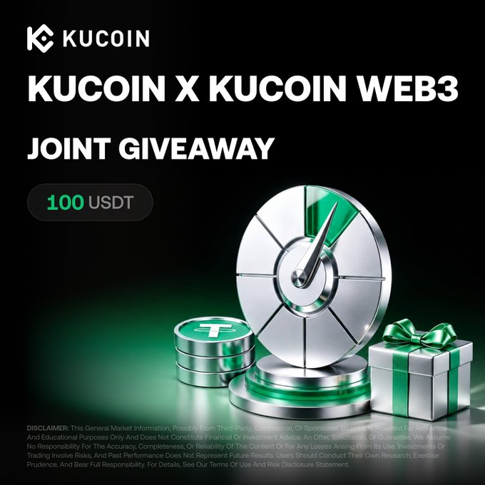 A KuCoin x KuCoin Web3 joint giveaway advertisement offering 100 USDT in prizes, featuring 3D renderings of USDT coins, a prize wheel, and a green gift box against a dark background. The promotional post tags @fangzi951001, @yundoufu, and @yeniaotiti to drive engagement with the crypto giveaway.