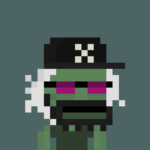 A pixel art illustration of a green zombie-like character wearing a black cap with a white skull emblem and purple sunglasses.