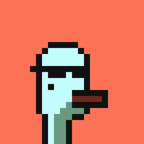 A pixel art zombie head with pale blue skin, dark eyes, and a green jaw, set against an orange background.