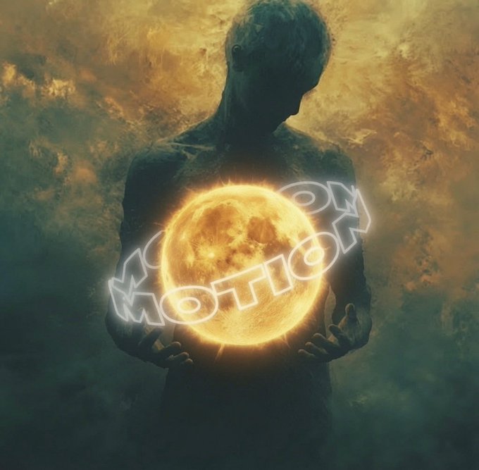 A shadowy figure cradles a glowing sun in their hands, with the neon "$MOTION" logo wrapped around it, visually embodying the post's theme of motion as a transformative, illuminating force that ends darkness. The contrast between the dim, textured figure and the radiant orb reinforces the message that $motion brings light and defines one's cycle.