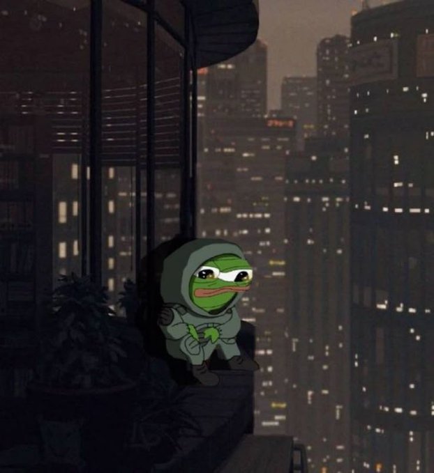 A small green frog-like hooded cartoon character sits on a ledge in a dark illustrated cityscape at night.