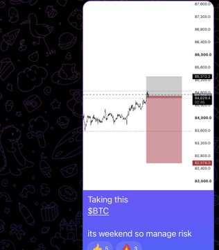 A trading chart screenshot showing $BTC price action around the $84,816-$85,000 range, with a pink/gray shaded box highlighting the recent short trade zone. Text overlay reads "Taking this $BTC its weekend so manage risk," which aligns with the post about closing a $BTC short position at breakeven.