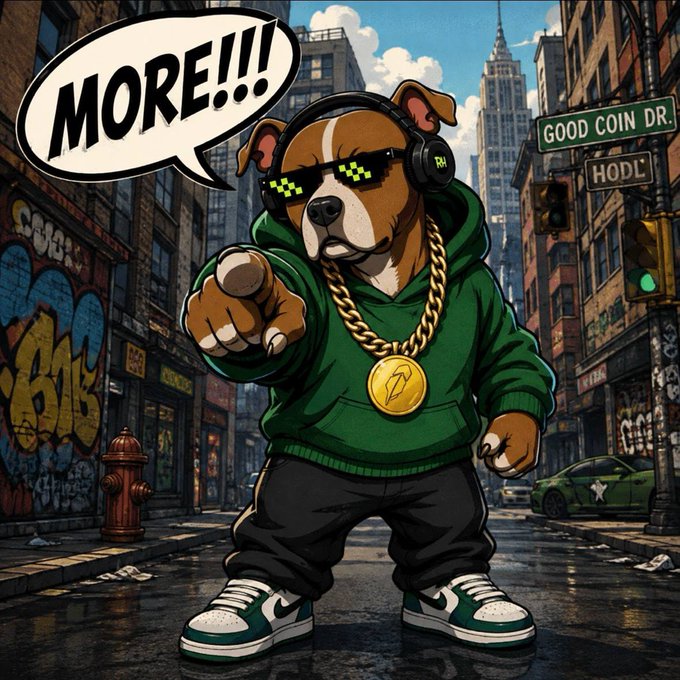 A cartoon-style illustration of a pitbull dog wearing pixelated sunglasses, a green hoodie, gold chain with lightning bolt pendant, and sneakers, yelling 'MORE!!!' on a city street corner near a 'GOOD COIN DR.' and 'HODL' street sign.