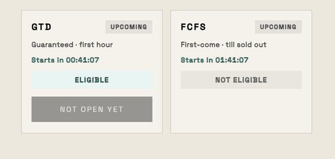 A user interface displaying two token sale panels: 'GTD - Guaranteed first hour' (Eligible, starts in 00:41:07) and 'FCFS - First-come till sold out' (Not Eligible, starts in 01:41:07).
