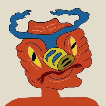 A stylized cartoon illustration of a red creature head with blue horns/accents and a pig-like snout on a cream background.