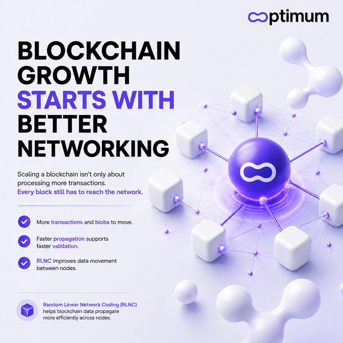 An infographic by Optimum titled 'BLOCKCHAIN GROWTH STARTS WITH BETTER NETWORKING,' explaining how RLNC helps blockchain data propagate more efficiently across nodes.