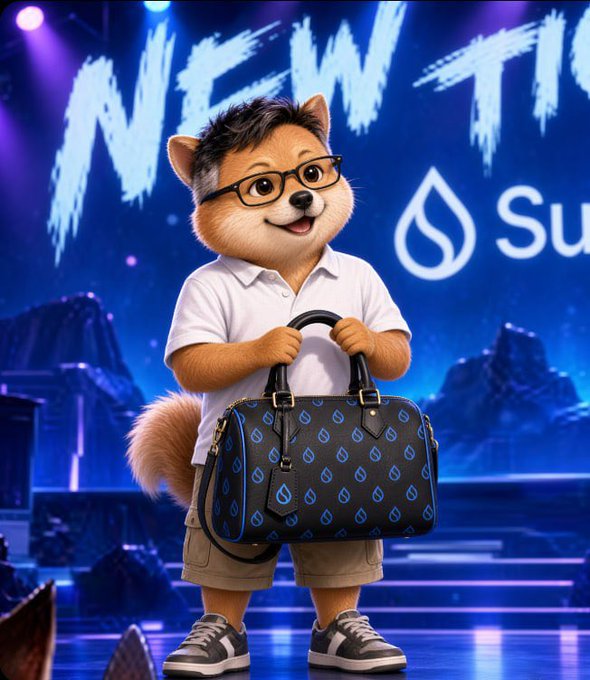 A 3D-rendered anthropomorphic Shiba Inu character wearing glasses, a white polo, and shorts holds a black duffel bag patterned with blue water droplets, standing in front of a blue promotional backdrop with partial text reading 'NEW TI' and a 'Su' logo.