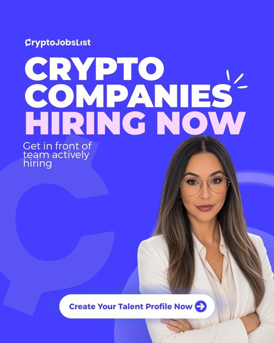 A promotional graphic for CryptoJobsList advertises 'CRYPTO COMPANIES HIRING NOW' with a woman in a white blazer and the call-to-action 'Create Your Talent Profile Now'.