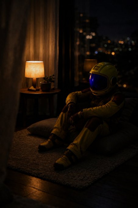 An astronaut in a yellow spacesuit sitting on the floor in a dimly lit room next to a lamp and pillow, with a city skyline visible through a window at night.