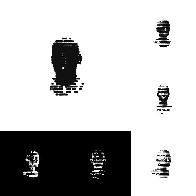 A series of stylized portraits of faces created using only horizontal black lines on a white background, with varying levels of detail and density.