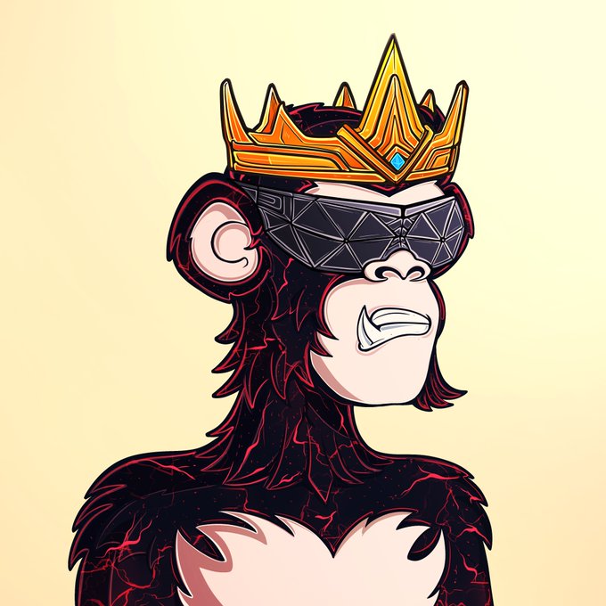 A digital illustration of a monkey wearing a golden crown and a black geometric visor, featuring dark fur with red cracks and a grinning expression, set against a pale yellow background.