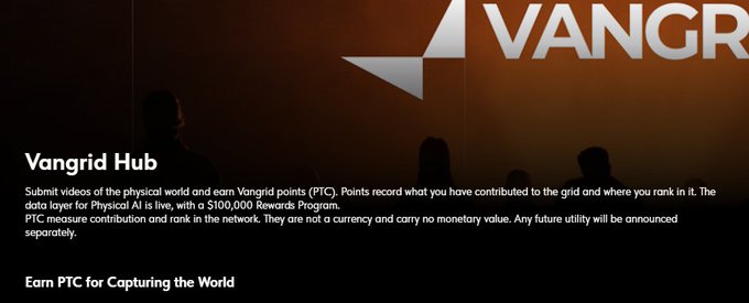 A dark promotional page for "Vangrid Hub" explains how to submit videos for Vangrid Points (PTC) to measure data layer contribution in their network.