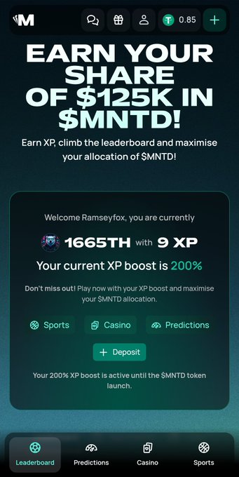 A mobile app screen displaying a 'Monopoly' promotion with the text 'EARN YOUR SHARE OF $125K IN $MNTD!', showing user 'Ramseyfox' ranked 1665th with 9 XP and a 200% XP boost.