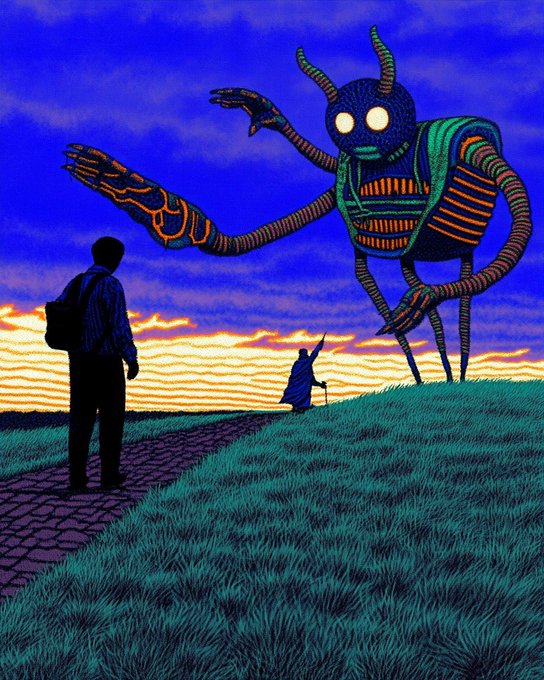A surreal illustration depicts a silhouetted figure confronting a giant horned creature against a vivid blue and orange sunset sky, with another figure pointing in the distance.