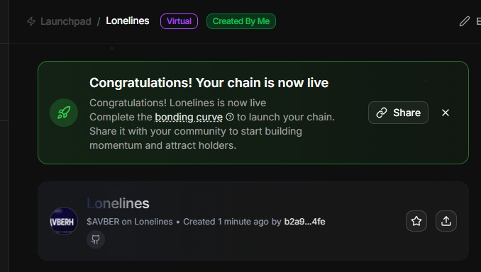 A dark-themed crypto launchpad interface showing a success message 'Congratulations! Your chain is now live' for a project called 'Lonelines' ($VBER).