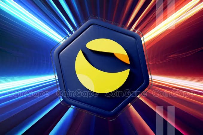 A CoinGape branded graphic featuring a dark hexagonal emblem with a yellow logo, set against a dynamic background of red and blue light streaks.