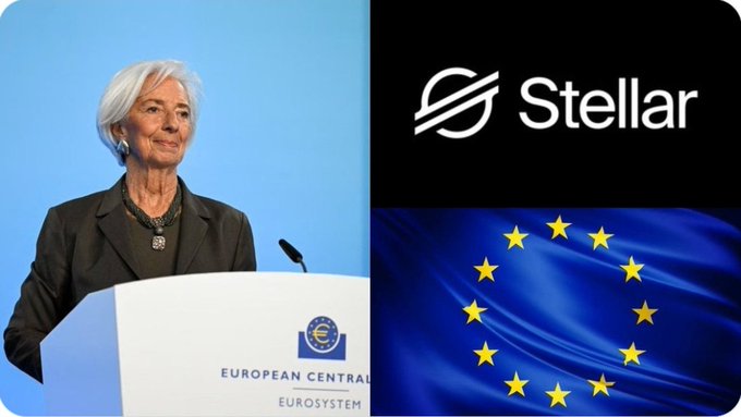 The image shows a collage featuring Christine Lagarde, former President of the European Central Bank, speaking at an ECB podium alongside the Stellar ($XLM) logo and the European Union flag, visually reinforcing the news of a European pilot exploring Stellar blockchain-based on-chain payroll for enterprise salary payments.