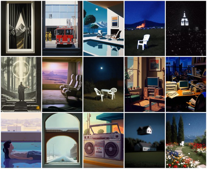 A grid collage of 15 stylized, retro-aesthetic illustrations featuring various scenes including a fire truck, airplane interior, snowy landscape, volcano, computer room, pool, and house.