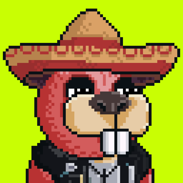A pixel art illustration of a Shiba Inu dog wearing a large sombrero and suit against a bright green background.