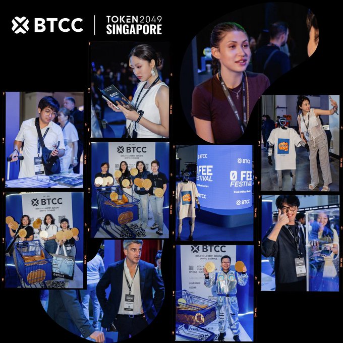 A promotional collage for BTCC at Token 2049 Singapore featuring multiple photos of people at the event booth, holding BTCC-branded merchandise and posing with golden fan prizes.