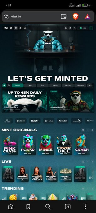 Mobile screenshot of the mint.io crypto gambling website featuring a 'LET'S GET MINTED' banner with a bear mascot, showing sections for Mint Originals, Live games, and Trending titles.