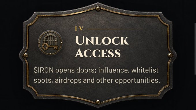 An ornate dark metal plaque with gold trim reads 'IV - UNLOCK ACCESS' with the description 'SIRON opens doors; influence, whitelist spots, airdrops and other opportunities.'