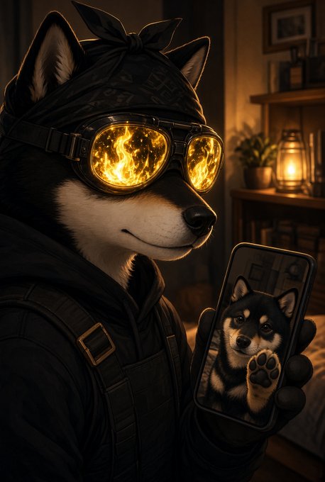A stylized digital illustration of a black Shiba Inu dog wearing a bandana and goggles with flames reflected in the lenses, holding a smartphone displaying a puppy photo.