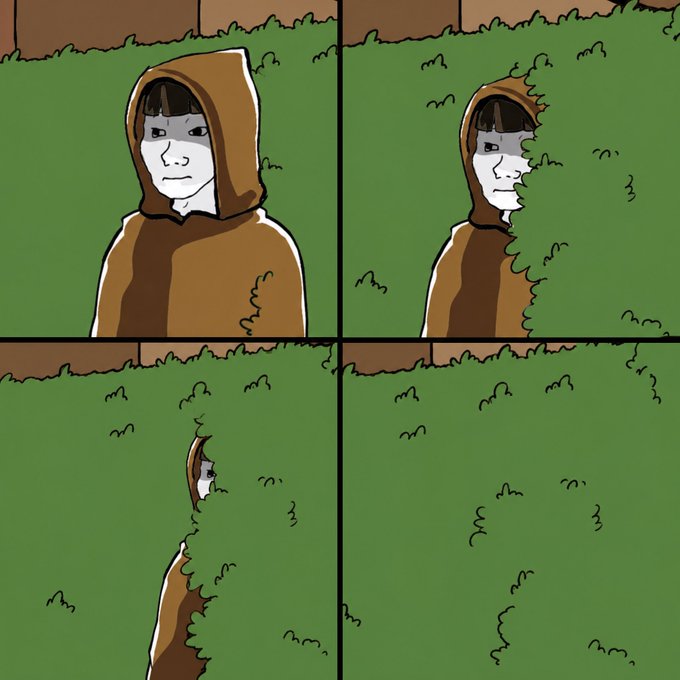 A four-panel comic strip showing a person in a brown hoodie being progressively covered by an encroaching green bush until they disappear.