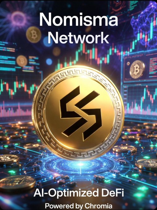 The image features a gold coin with an "S" symbol on top, surrounded by other coins scattered around it. The background of the image shows a blue and green color scheme with various symbols and logos related to cryptocurrency and blockchain technology. The text in the image reads "Nomisma Network Al-Optimized Defi powered by Chromia".