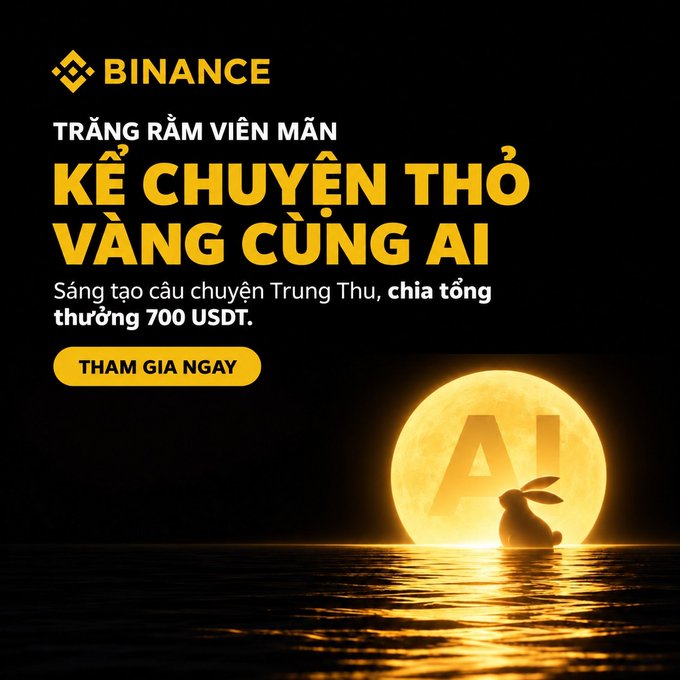 A Binance advertisement in Vietnamese with a full moon and rabbit silhouette, featuring the text 'TRĂNG RẰM VIÊN MÃN KỂ CHUYỆN THỎ VÀNG CÙNG AI' and 'THAM GIA NGAY'.