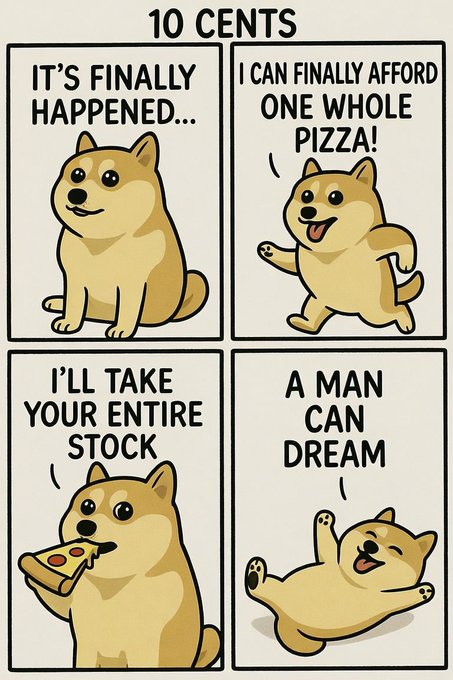 A four-panel Doge meme comic titled "10 CENTS" where the dog celebrates finally being able to afford a whole pizza and buying the entire stock.