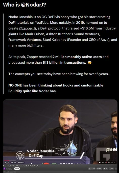 An introduction card describing Nodar Janashia as an "OG DeFi visionary" who created DeFi tutorials on YouTube and later founded Zapper.fi, which raised ~$16.5M from investors including Mark Cuban and Ashton Kutcher's Sound Ventures, reaching 2M monthly users and $13B+ in transactions. The bottom shows a video still of Nodar Janashia speaking at a "DeFiZap" panel event.