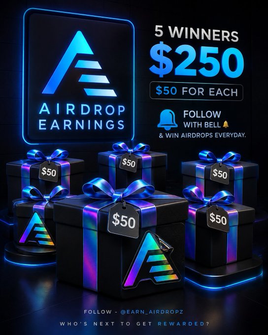 A promotional 'Airdrop Earnings' graphic offering 5 winners $50 each, with a call to follow @EARN_AIRDROPZ on social media.