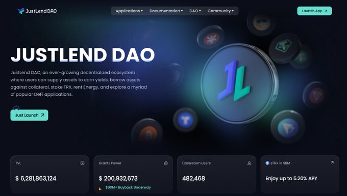 The image shows a screenshot of the JustLendDAO website, which appears to be a platform for lending money or providing other financial services. The website has a dark blue background with white text that reads "JustLendDAO". There are several icons and buttons on the page, including one that says "Add Application" and another that says "Loan Applications". The image also includes a description of the JustLendDAO platform in black text at the bottom.