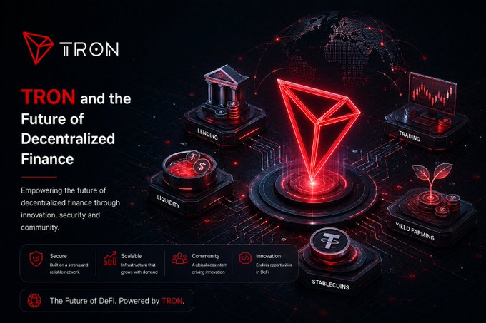 A dark promotional graphic for 'TRON' titled 'TRON and the Future of Decentralized Finance', featuring a glowing red Tron logo and surrounding icons labeled 'LENDING', 'LIQUIDITY', 'TRADING', 'STABLECOINS', and 'YIELD FARMING', with feature highlights for Secure, Scalable, Community, and Innovation.