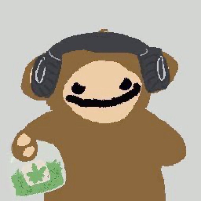 A cartoon-style illustration of a brown character with a beige face, wearing black headphones and holding a cup with a green cannabis leaf logo.