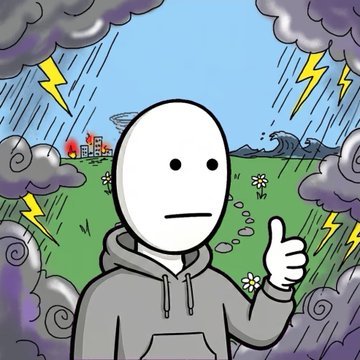 A cartoon-style drawing of a blank-faced white character in a gray hoodie giving a thumbs-up in a grassy field, while dark stormy clouds and lightning bolts surround the scene with a house visible in the distance.