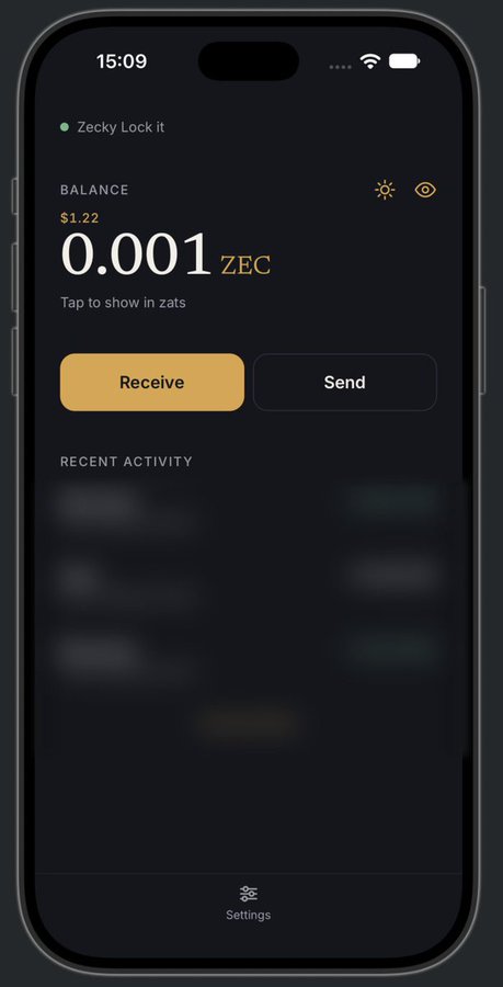 A smartphone lock screen displaying a Zcash (ZEC) wallet app with a balance of 0.001 ZEC ($1.22), featuring 'Receive' and 'Send' buttons and 'Zecky Lock it' text.