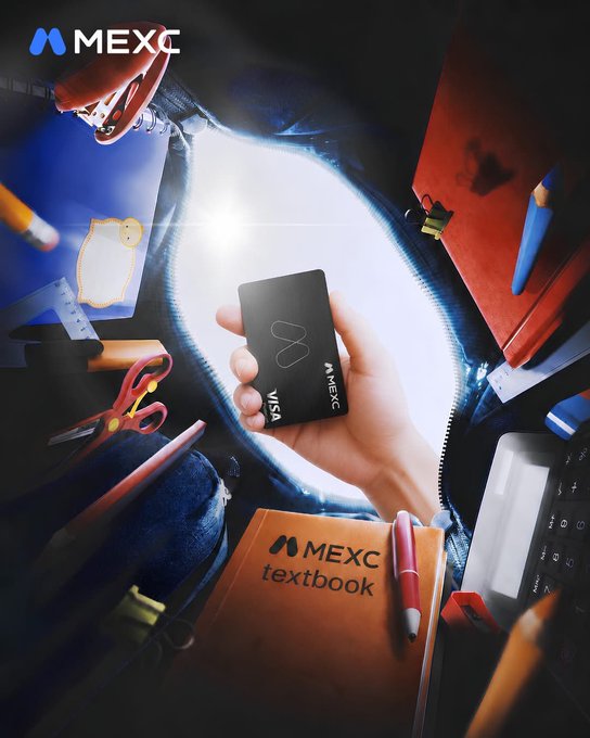 A hand holds a black MEXC Visa card emerging from a backpack filled with school supplies, scissors and pencils, with a 'MEXC textbook' notebook visible.