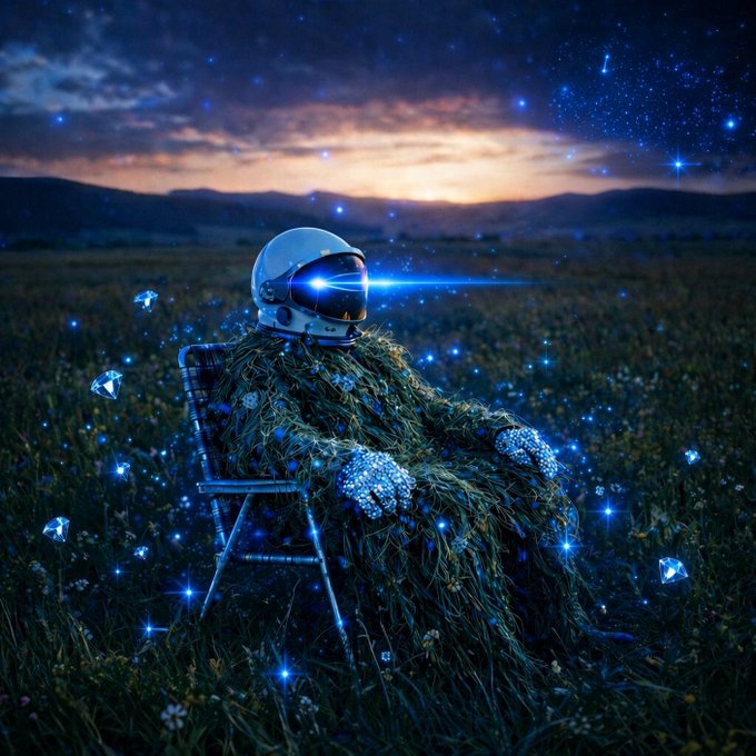 A surreal digital artwork featuring an astronaut helmet resting on a grassy, flower-covered figure seated in a folding chair in a twilight field, surrounded by glowing blue diamond-shaped lights.