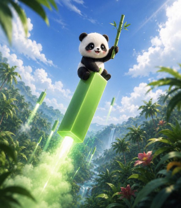 A 3D-rendered illustration of a smiling baby panda riding a green bamboo stick like a rocket through a lush jungle landscape with waterfalls and a bright blue sky.