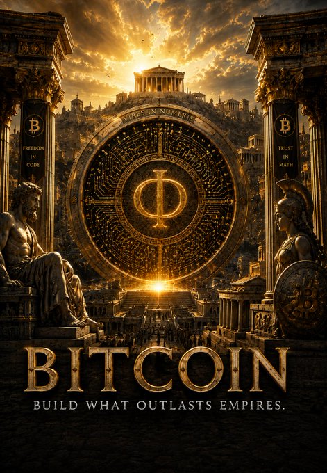 A golden, cinematic poster featuring a Bitcoin coin centered within a classical architectural setting, flanked by pillars reading "FREEDOM IN CODE" and "TRUST IN MATH," with the text "BITCOIN - BUILD WHAT OUTLASTS EMPIRES."