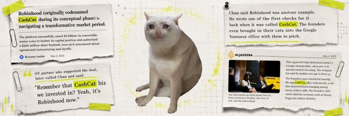 A cat sitting among newspaper clippings and sticky notes about Robinhood (originally named CashCat), highlighting its history as a startup navigating a transformative market and Google Ventures' investment.