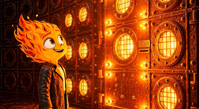 An illustrated fire-headed character with a smiling face wearing a black leather jacket stands inside an industrial setting resembling a boiler room with glowing orange porthole windows.