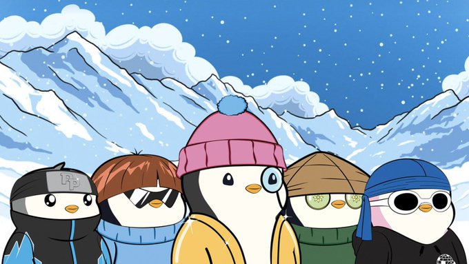 An illustration of five penguins wearing winter hats and clothing standing in front of a snowy mountain range.