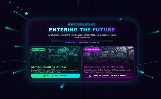 A futuristic digital interface titled 'Entering the Future' offering portals for the 'Xenosiren Arena System' and 'Xenosiren Utility Platform.'